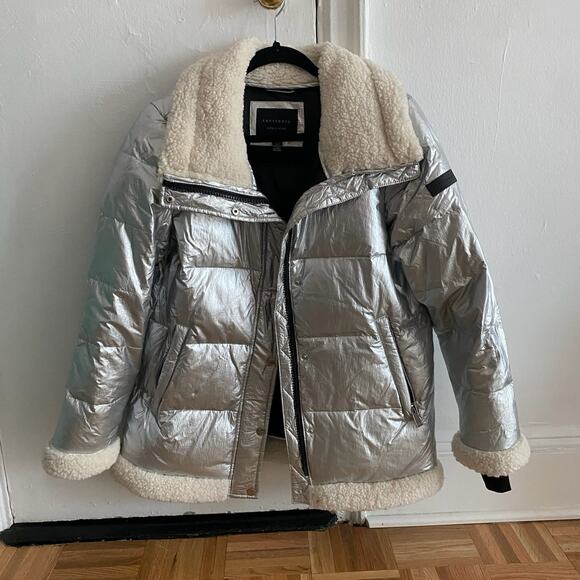 Sanctuary Silver Shine Down Puffer Jacket Cream Shearling Collar Trim Sz Small - Picture 3 of 11